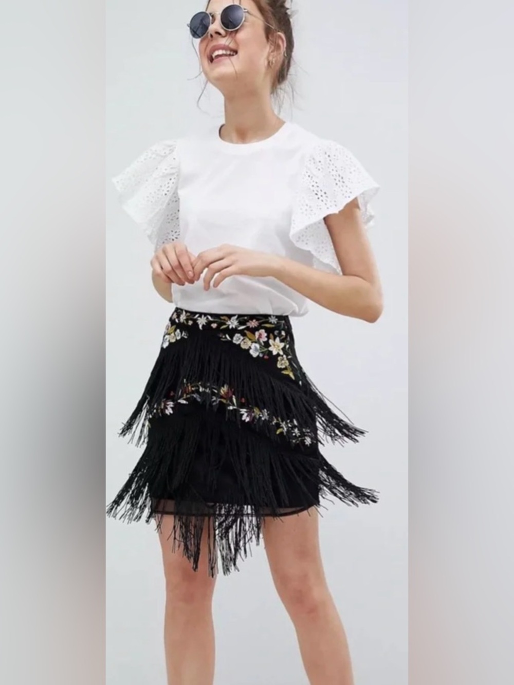 ASOS Floral Embroidered Mini Skirt with fringe detail Size 4